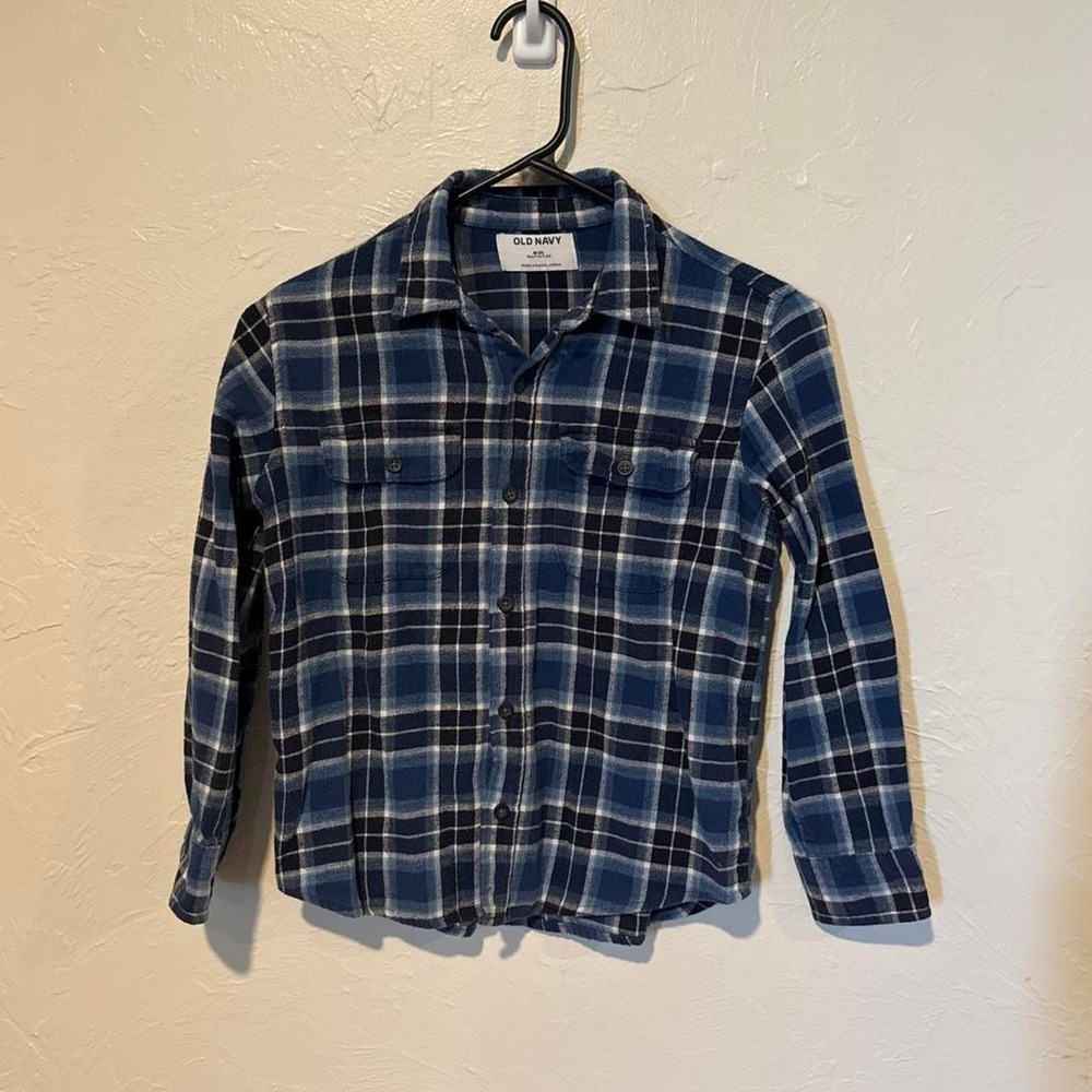 Old Navy Boys Blue White Plaid Button Up Shirt Medium 8 Built-In Flex LS